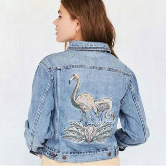 Embroider Denim Jacket Flamingos Size Medium BDG - Picture 10 of 10